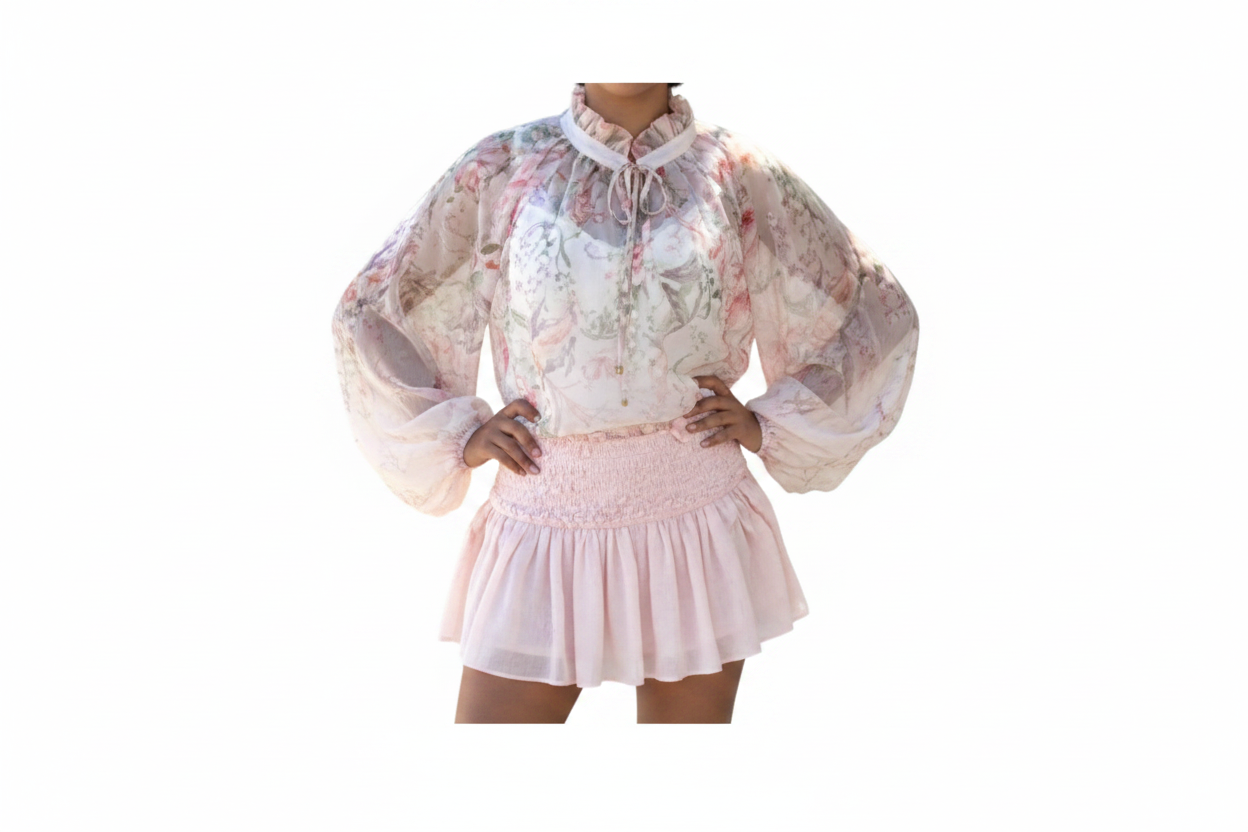 Women's Floral Ruffle Neck Sheer Blouse | Elegant Long Sleeve Top