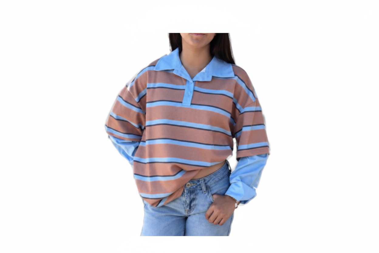 Women's Blue Striped Cold Shoulder Long Sleeve Polo Top