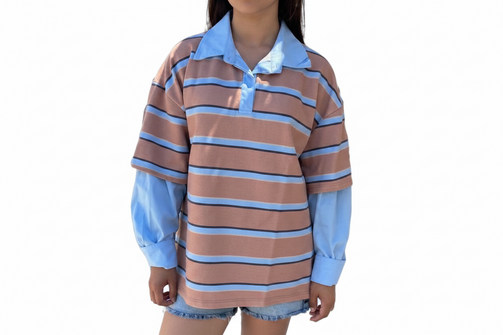 Women's Blue Striped Cold Shoulder Long Sleeve Polo Top