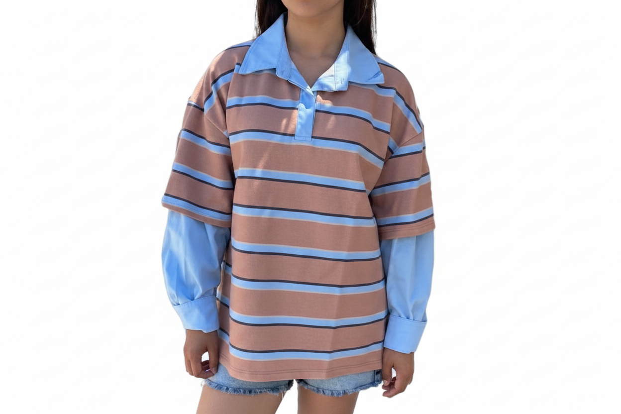 Women's Blue Striped Cold Shoulder Long Sleeve Polo Top