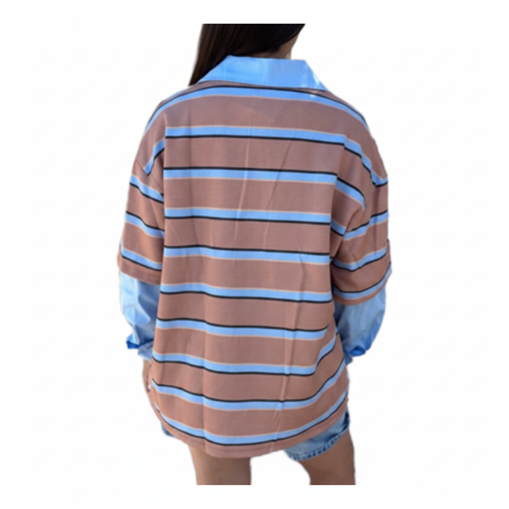 Women's Blue Striped Cold Shoulder Long Sleeve Polo Top