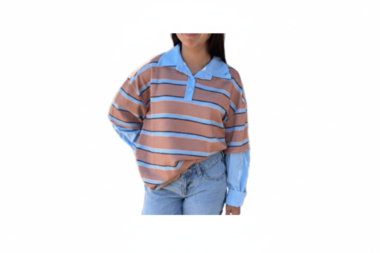 Women's Blue Striped Cold Shoulder Long Sleeve Polo Top